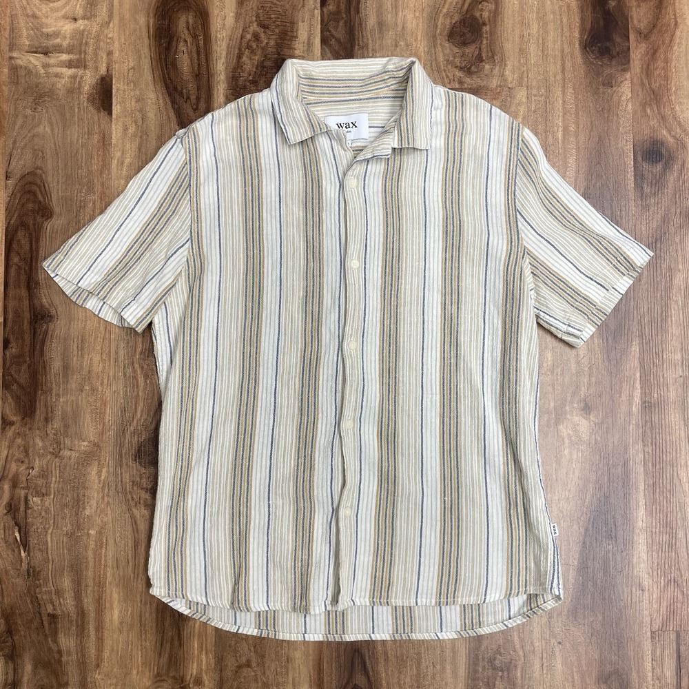 Wax London Shirt Mens Beige Didcot Stripe Short Sleeve Crinkle Mens Size M